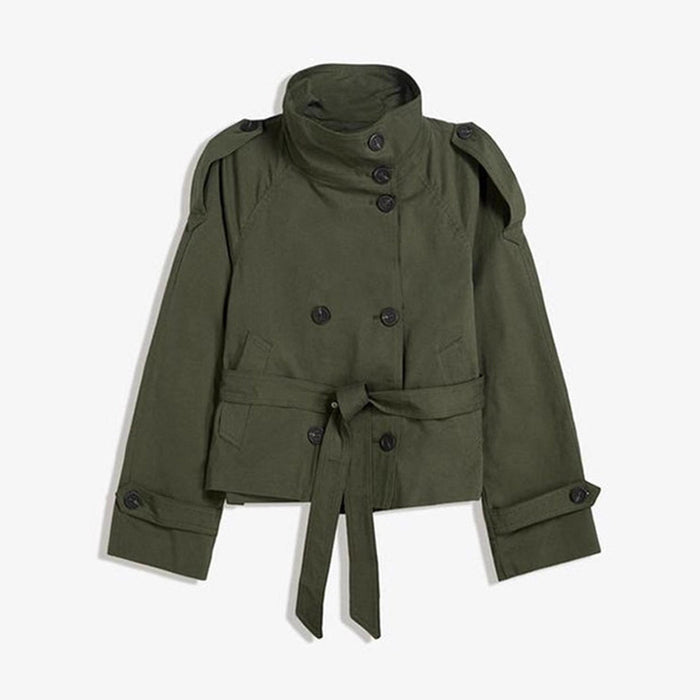 Womens Buttoned Waist-Cinching Lace-Up Trench Coat