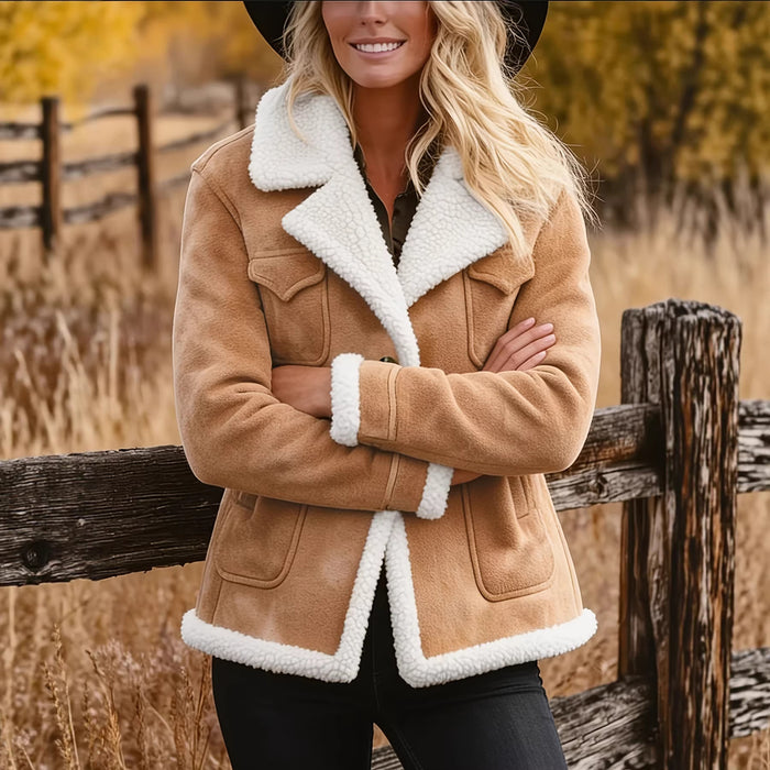 Manteau en fourrure pour femme, style rétro, avec poches, revers et boutons, collection automne et hiver
