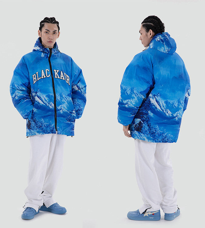 Veste en coton épais avec imprimé de montagnes enneigées et lettres brodées