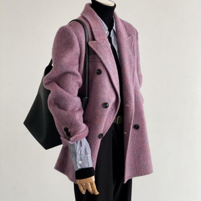 Womens Solid-Color Short Loose-Fit Double-Faced Cashmere Coat
