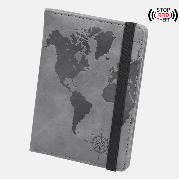 World Map Passport Case Strap Anti-magnetic Multiple Card Slots Leather Compass Elastic Band Ticket Clip