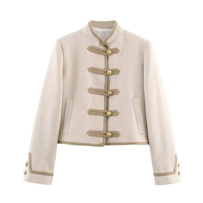 Design Padded Shoulder Rope Knot Button Jacket Coat