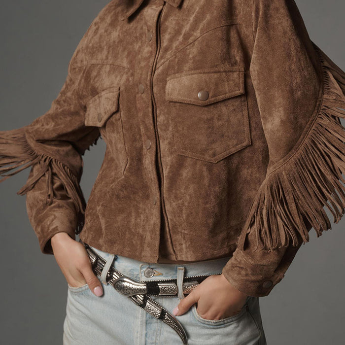 Brown Jacket With A Lapel Tassel Detailing, And Long Sleeves