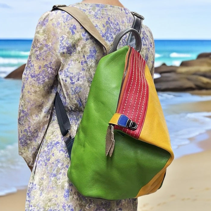 European And American Style Women's Leather Backpack Color Leather Stitching Lock Anti-theft Zipper Travel Bag