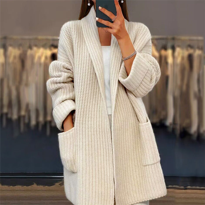 Gilet cardigan en maille à revers et poches, style décontracté et ample, idéal pour l'automne et le printemps (vêtements pour femmes)