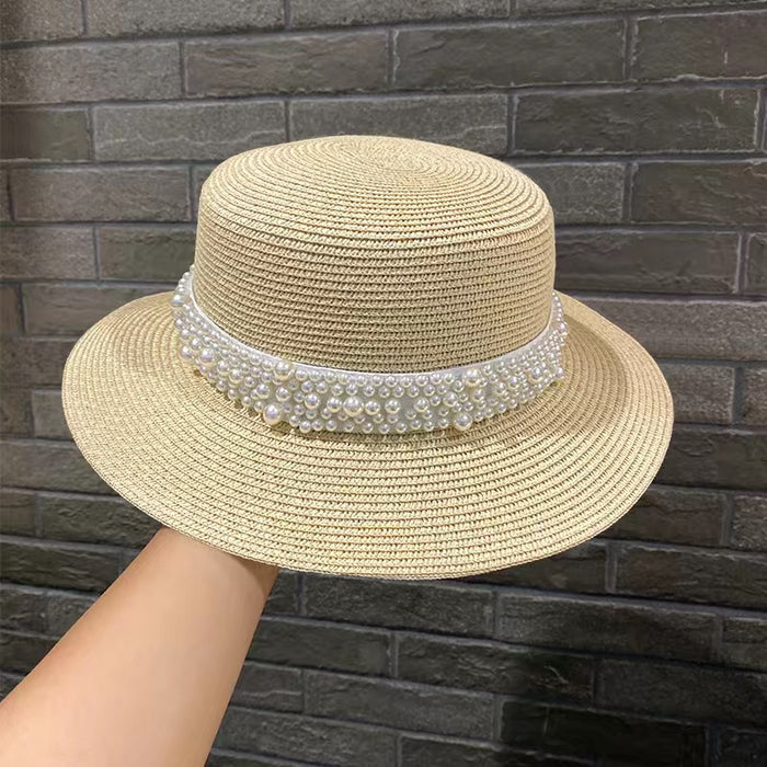 Sombrero de playa retro versátil con parte superior plana y protección solar de perla