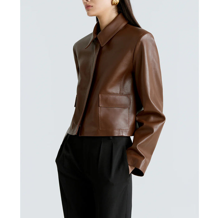 Veste en cuir de style motard à revers pour femme