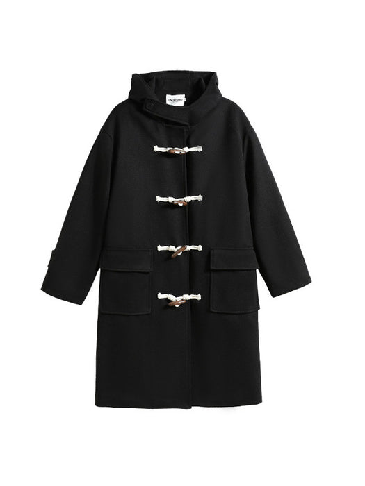 Long Black Toggle Button Wool Coat Women's Woolen Coat
