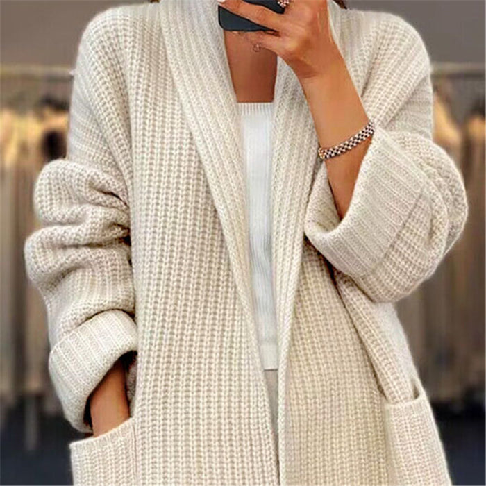 Gilet cardigan en maille à revers et poches, style décontracté et ample, idéal pour l'automne et le printemps (vêtements pour femmes)
