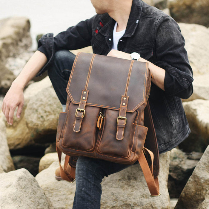 Mochila vintage de cuero Crazy Horse de gran capacidad