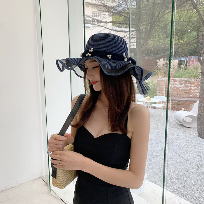 Big Brim Bow Ribbon Beach Hat Summer Outdoor Sun Hat Wave Straw Hat Lace Edge Pearl Sun Hat