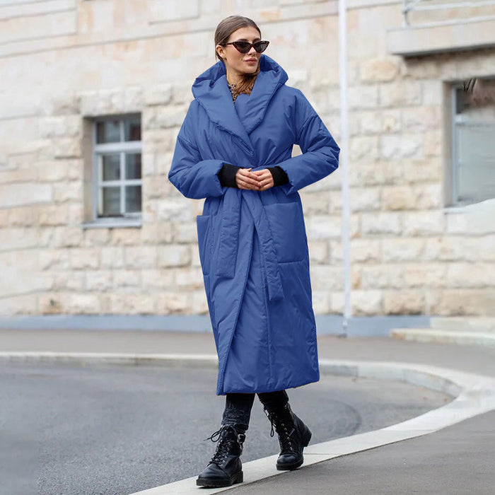 Manteau d'hiver épais à capuche et ceinture, veste longue matelassée en coton pour femme