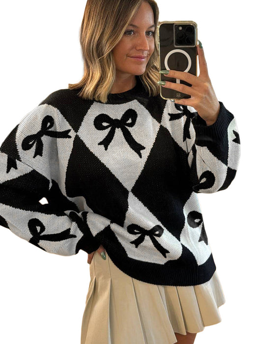 Pull tendance pour femme avec imprimé nœud et manches longues en tricot