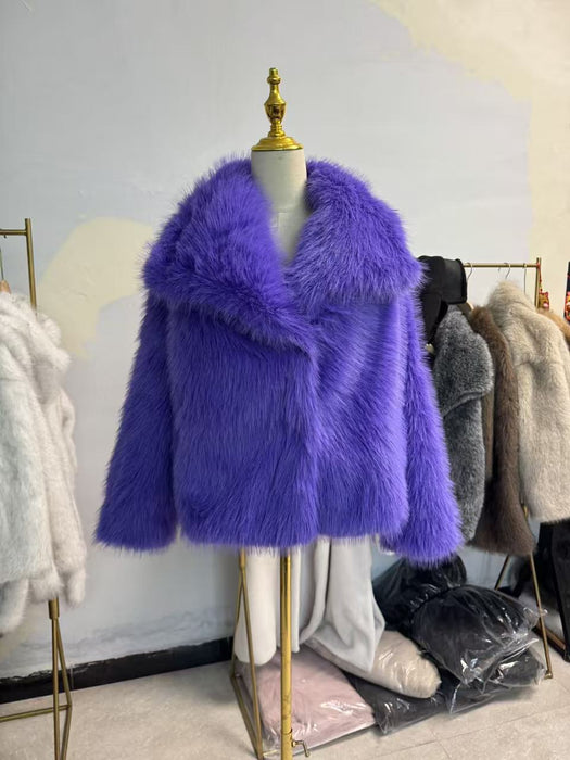 Women's Pure Color Versatile Faux Fur Collar Long Sleeve Coat Plus Size Outerwear