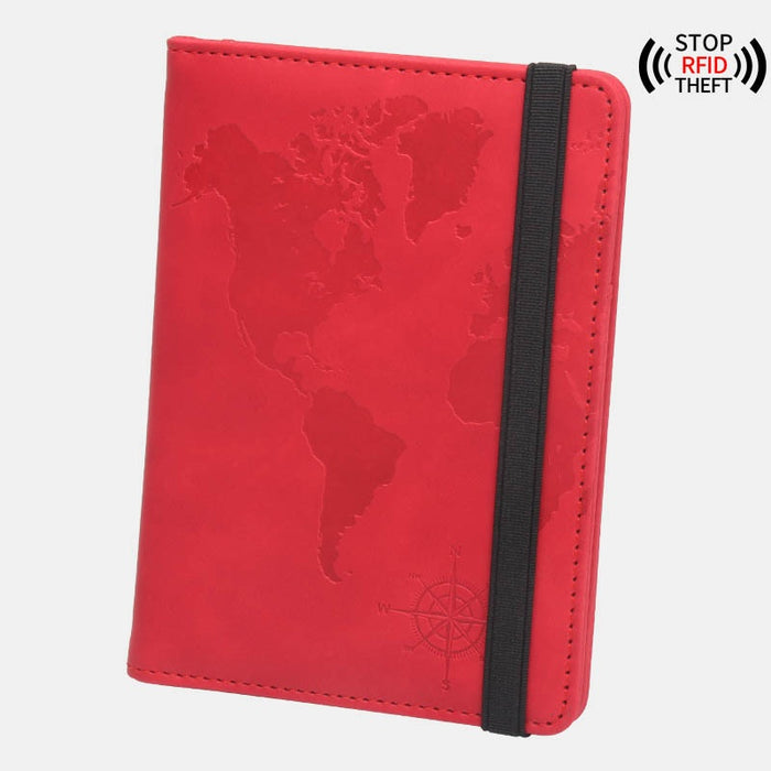 World Map Passport Case Strap Anti-magnetic Multiple Card Slots Leather Compass Elastic Band Ticket Clip