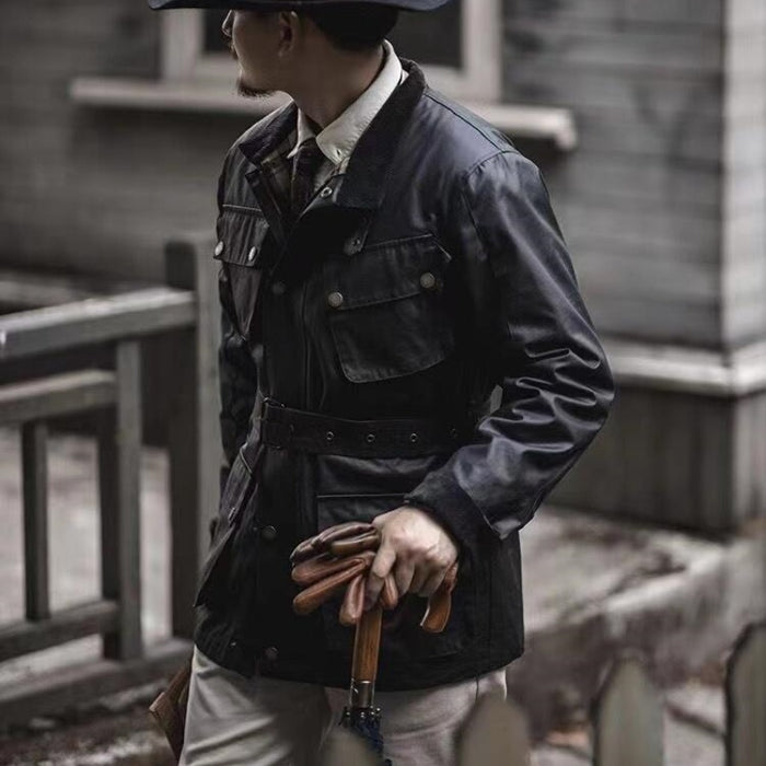 Trench-coat imperméable style motard rétro ciré pour homme