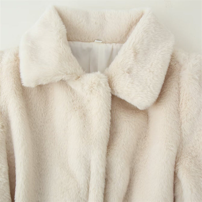 Lapel Women's Casual Slim-fit Solid Color Belt-effect Faux Fur Coat