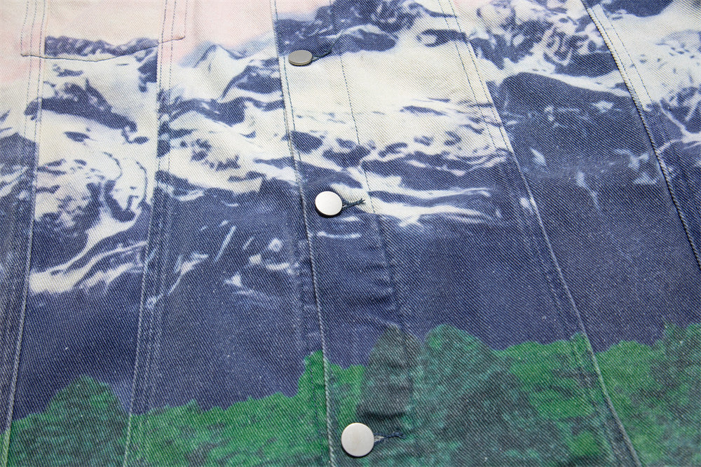 Men's Loose Casual Full Print Landscape Snow Mountain Pattern Jacket