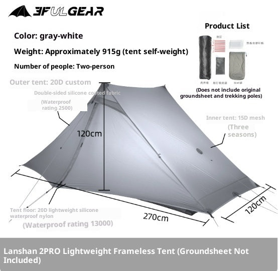 Tente pyramidale ultralégère sans arceaux pour deux personnes, idéale pour le camping, la randonnée et les traversées en pleine nature.