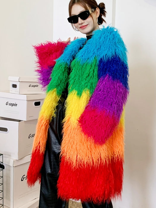 Manteau en patchwork de peluche contrastant, Manteau d'hiver en laine d'agneau