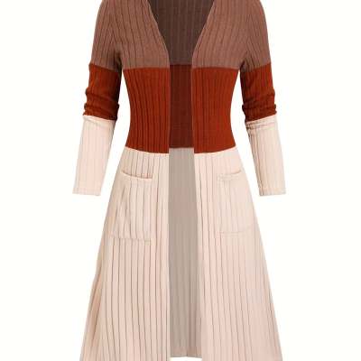 Manteau long gilet décontracté tendance à manches longues et couleurs contrastées pour femme grande taille