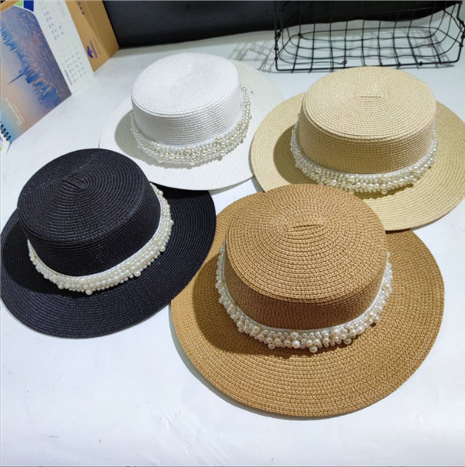 Sombrero de playa retro versátil con parte superior plana y protección solar de perla