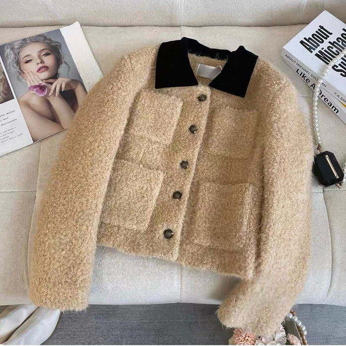 Women's Fashion Short Color-Block Lapel Jacket