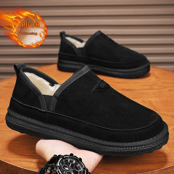 Botas de nieve de forro polar con corte en V, cálidas, de ante, con punta redonda, para invierno, sencillas, antideslizantes, planas, de algodón, para hombre.