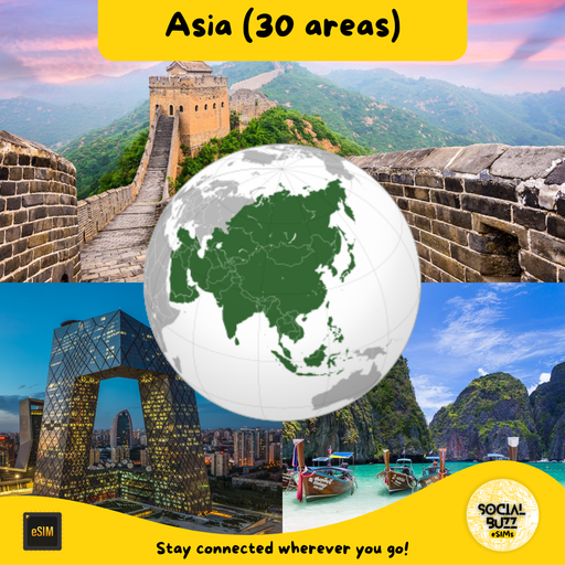 Buy your Asia eSIM data plan covering 30 areas. Get seamless internet access without roaming while traveling across Asia. Activate online and stay connected instantly.