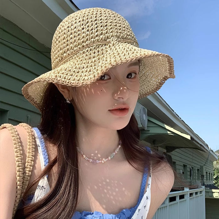 Brim Sun-proof Sun Protection Beach Trip All-matching Sun-proof Dome Straw Hollow Breathable Straw Hat