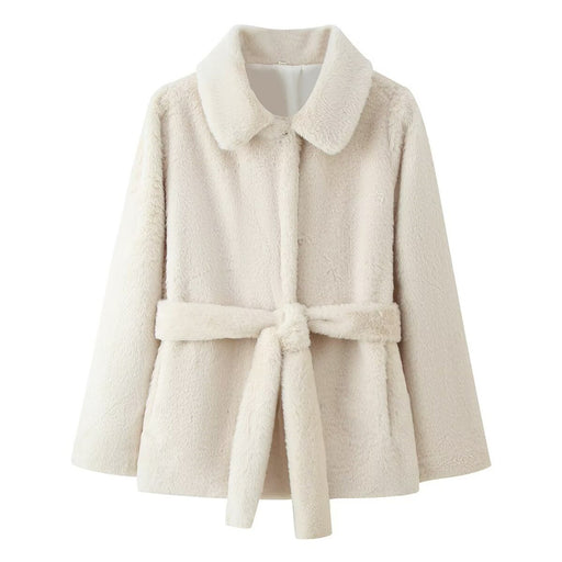 Lapel Women's Casual Slim-fit Solid Color Belt-effect Faux Fur Coat