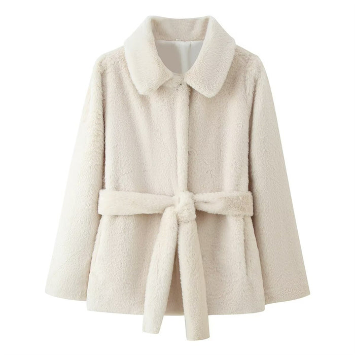 Lapel Women's Casual Slim-fit Solid Color Belt-effect Faux Fur Coat