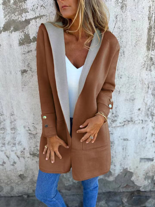 European And American Spring New Women's Clothing Casual Contrast Color Sweater Cardigan Hooded Coat