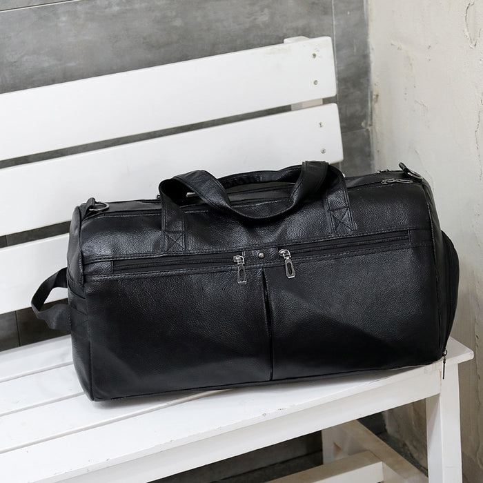 Sac de voyage grande capacité en cuir PU pour homme, noir, peut être suspendu et tiré.