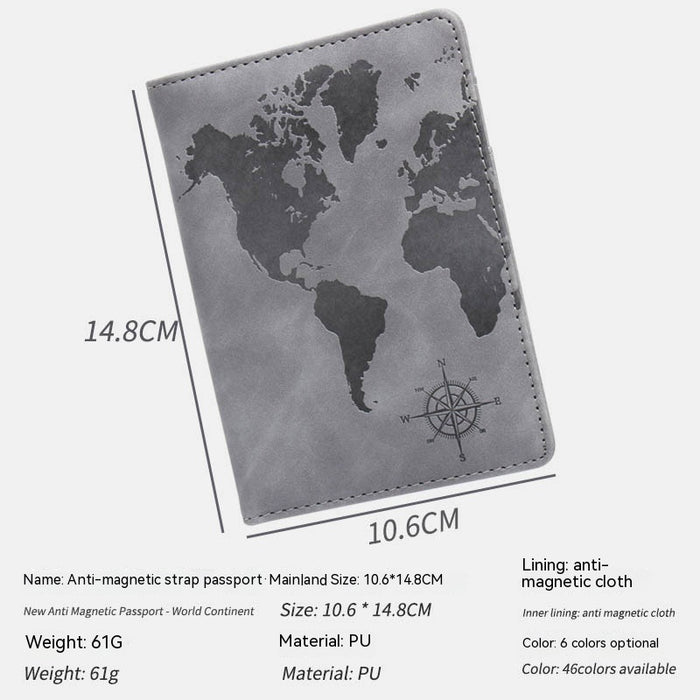 World Map Passport Case Strap Anti-magnetic Multiple Card Slots Leather Compass Elastic Band Ticket Clip