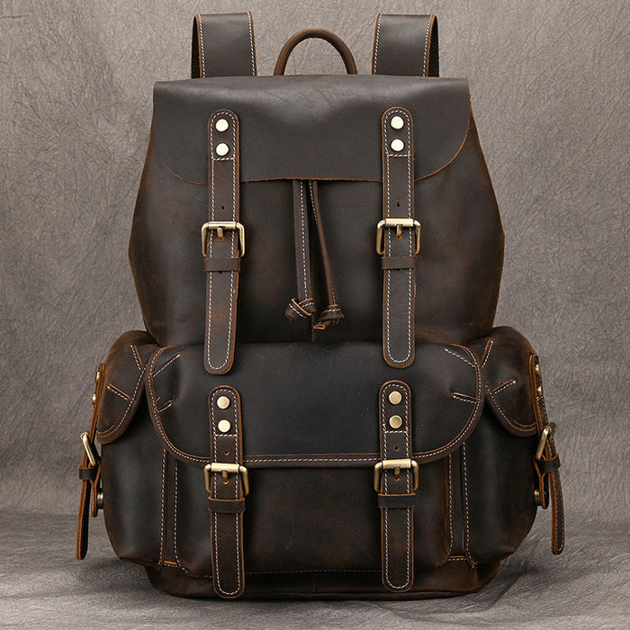 Large Capacity Crazy Horse Leather Backpack Travel Outdoor Flip
