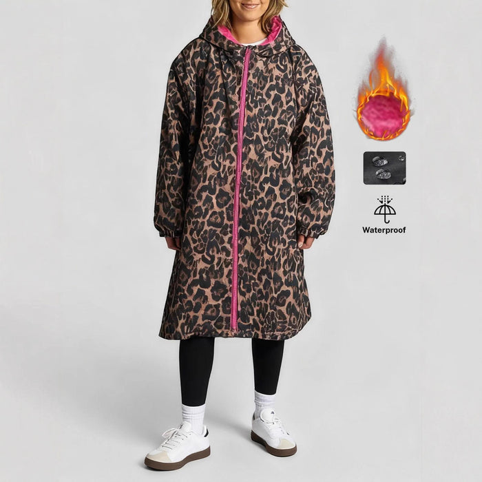 Fleece-lined Hooded Zip-up Leopard-print Coattrench Coat