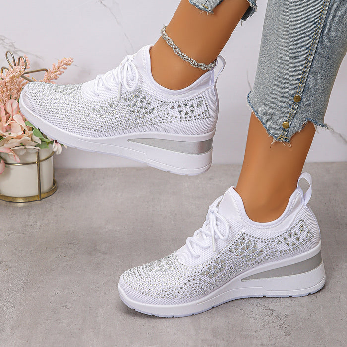 Ins Rhinestone Sneakers Fashion Lace Up Wedges Casual Shoes Women's Daily Commuting Sports Shoes
