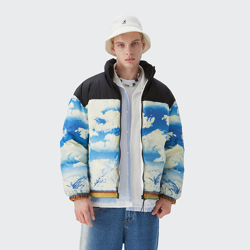 Men's Blue Sky Snow Mountain Camouflage Ink Splash Warm Jacket Top