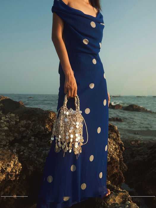 French-style Retro Sequined Woven Tassel Cotton-Linen Shell-shaped Hollow Elegant Clutch Bag