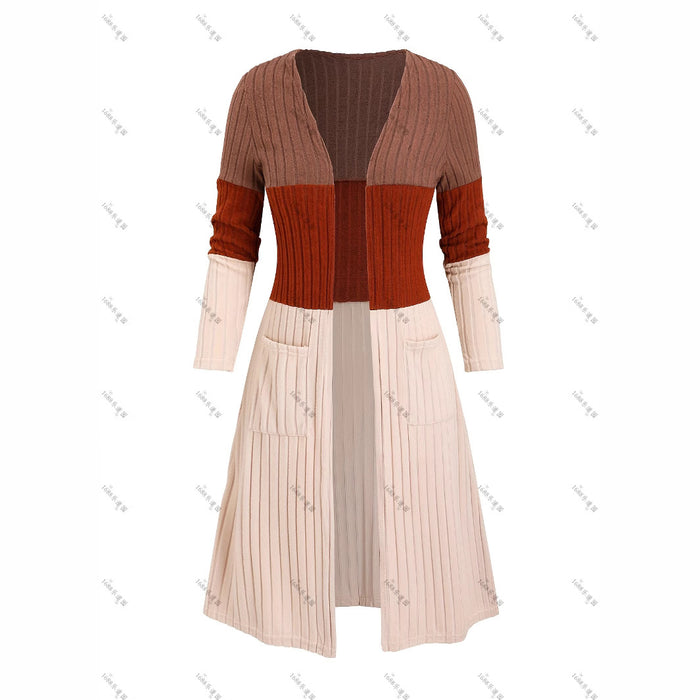 Manteau long gilet décontracté tendance à manches longues et couleurs contrastées pour femme grande taille