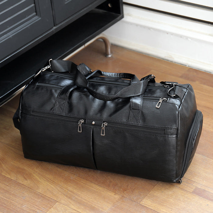 Sac de voyage grande capacité en cuir PU pour homme, noir, peut être suspendu et tiré.