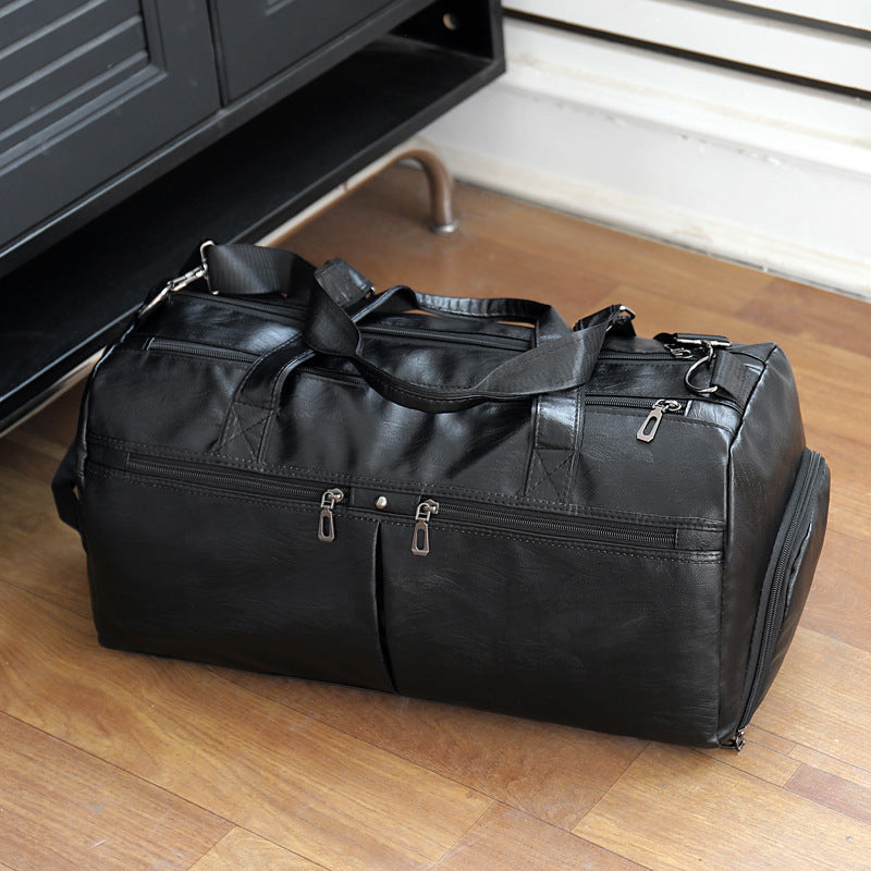 Sac de voyage grande capacité en cuir PU pour homme, noir, peut être suspendu et tiré.