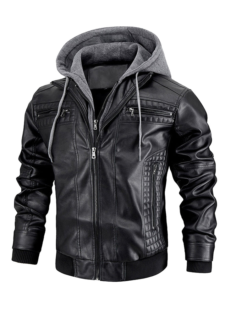 Chaqueta de cuero sintético para hombre, chaqueta de motocicleta, impermeable, a prueba de viento, de PU, estilo bombardero vintage con capucha extraíble 