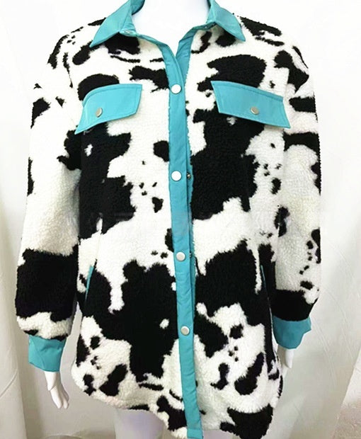 Chemise à revers d'automne-hiver euro-américain, manteau ample et chaud à manches longues et patchwork de couleurs contrastées