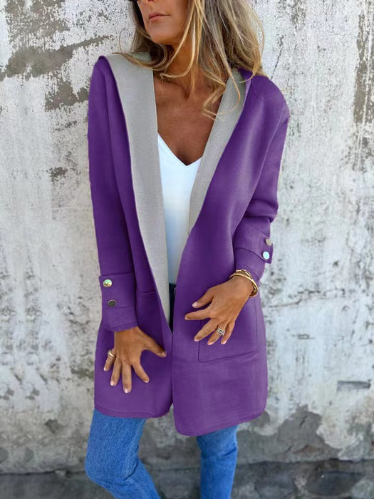 European And American Spring New Women's Clothing Casual Contrast Color Sweater Cardigan Hooded Coat