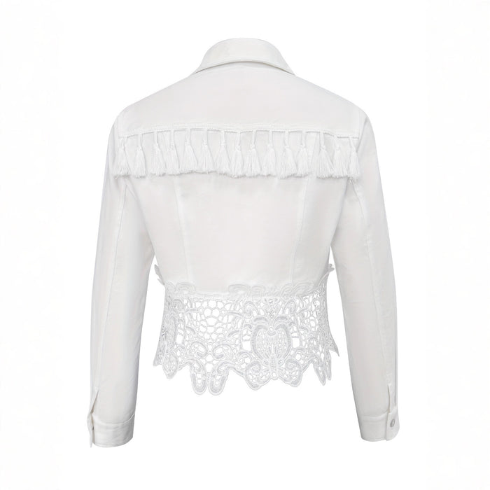 Womens Lapel Hem Hollow-Out Patchwork Tassel Coat