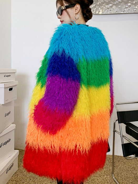 Manteau en patchwork de peluche contrastant, Manteau d'hiver en laine d'agneau