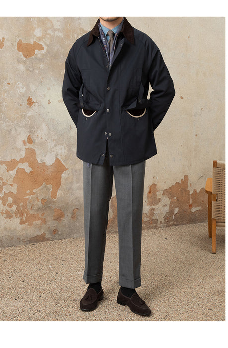 Veste imperméable rétro italienne en velours côtelé avec revers et coutures apparentes