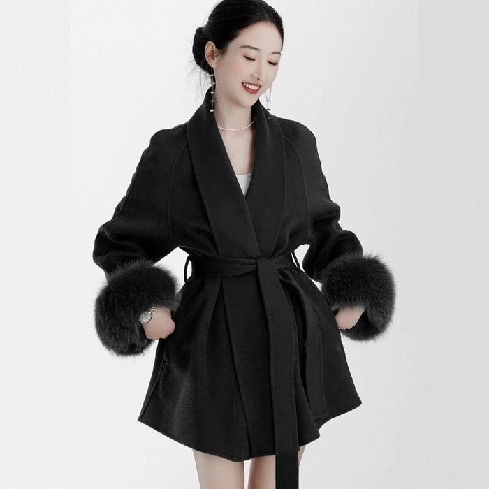 Women's Black Fox Fur Double-faced Cashmere Elegant Short Coat